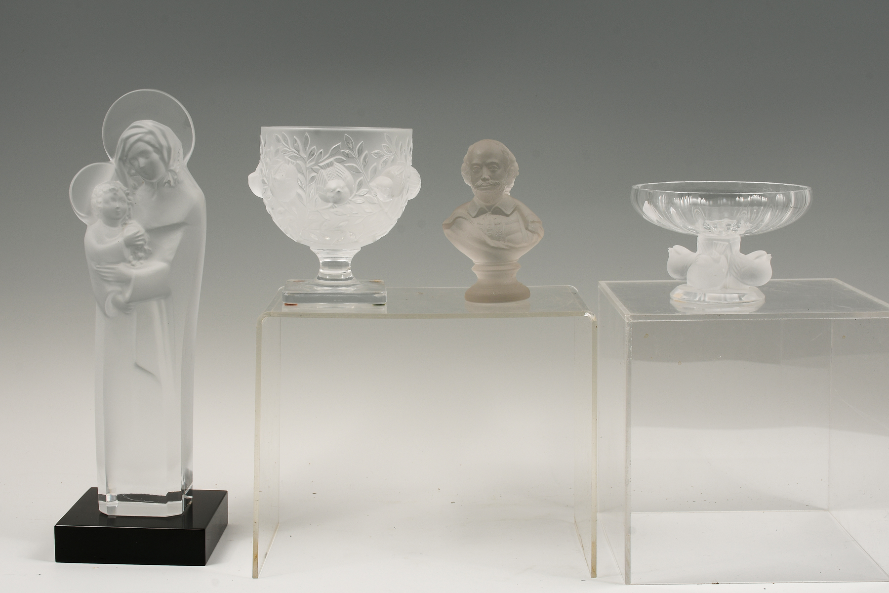 Appraisal: PC LALIQUE CRYSTAL BOWLS FIGURES Comprising - Shakespeare Bust -