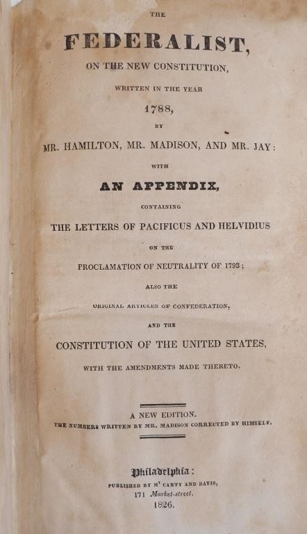 Appraisal: Professionally rebound edition of The Federalist by Hamilton Madison and