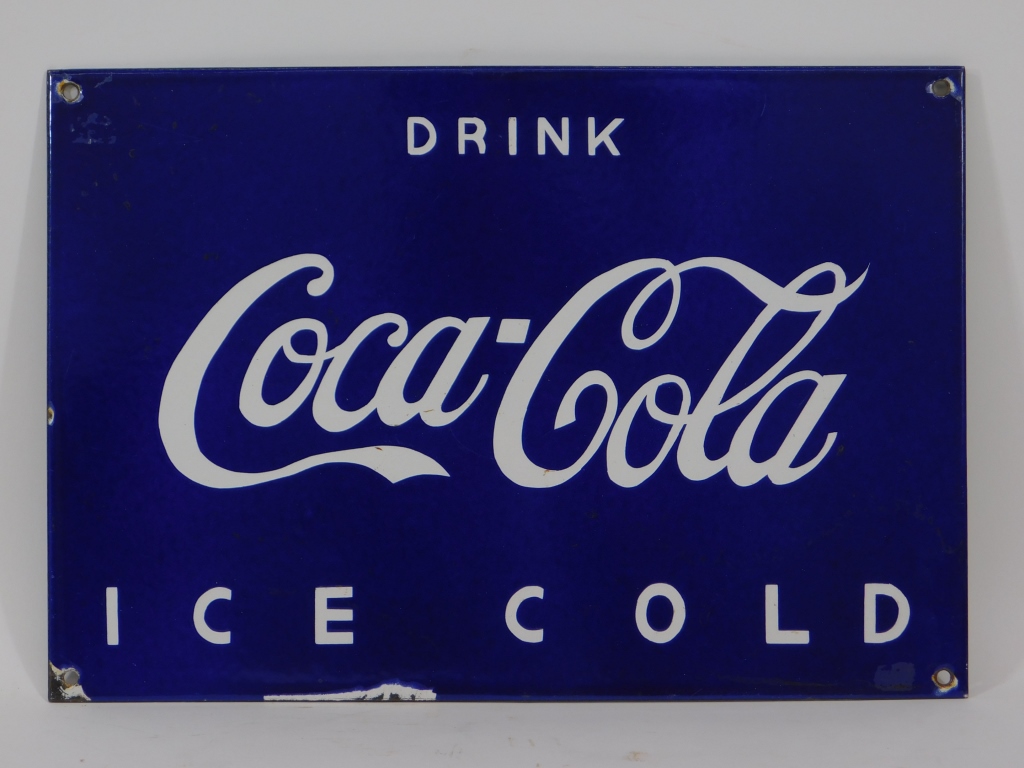 Appraisal: COCA-COLA BLUE PORCELAIN ADVERTISING SODA SIGN United States Circa Rectangular