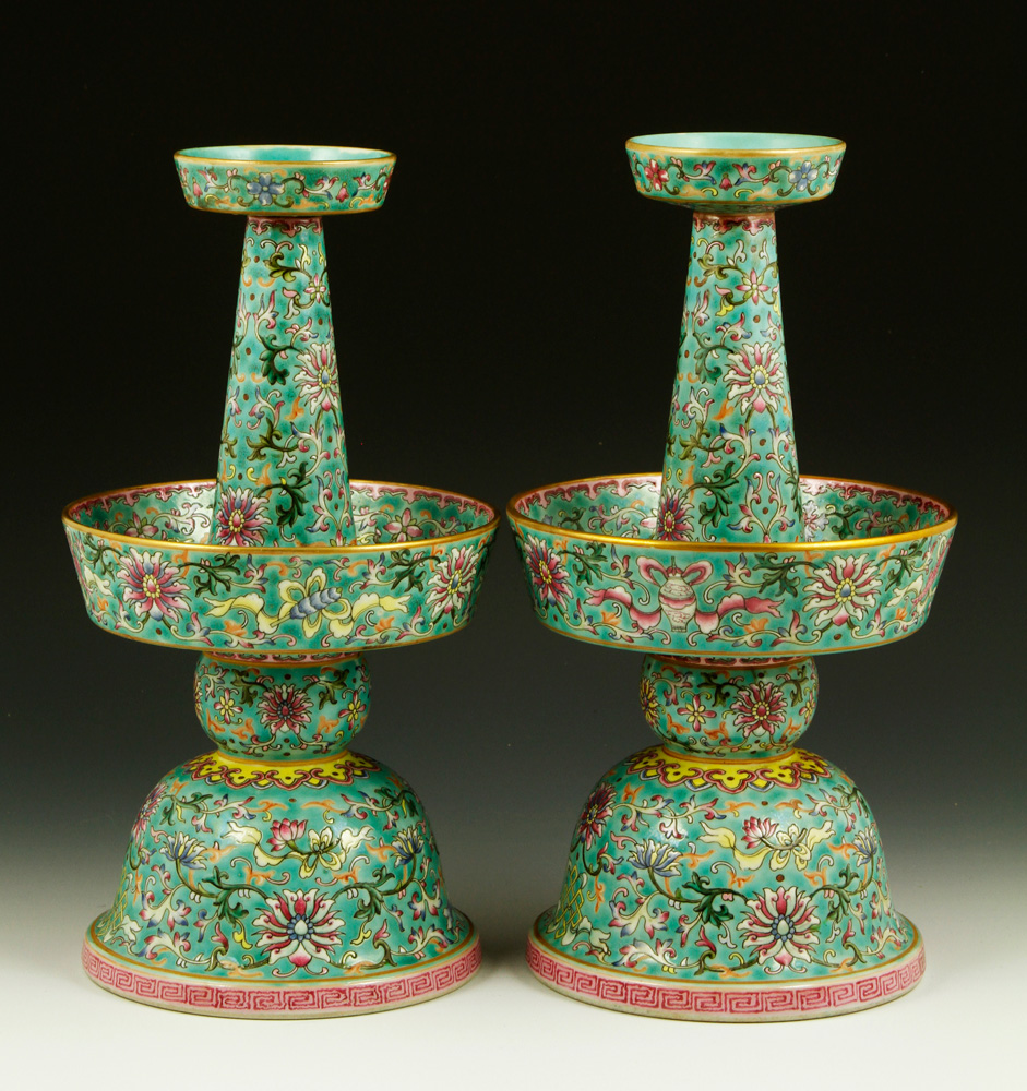 Appraisal: - Pr Famille Rose Porcelain Candlesticks Pair of famille rose