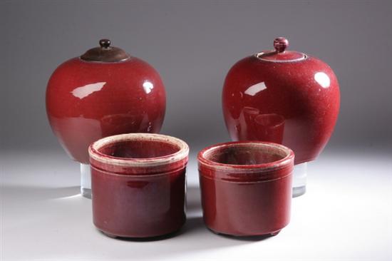 Appraisal: FOUR PIECES CHINESE COPPER RED PORCELAIN Two jars one with