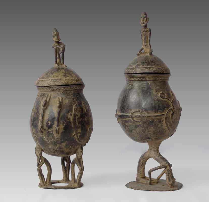 Appraisal: TWO AFRICAN BRONZE DOGON LIDDED VESSELS MALI Approx '' x