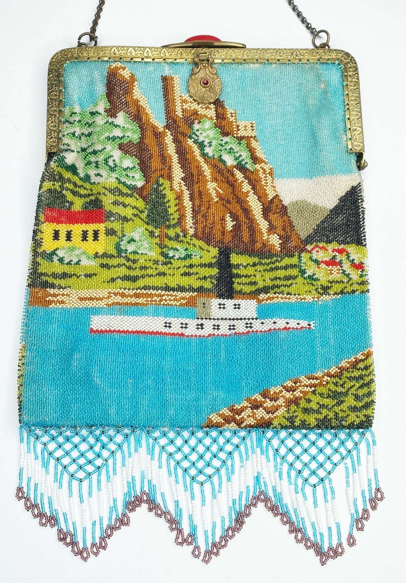 Appraisal: Micro Beaded Purse with Rocky coastal Ship Scene by at