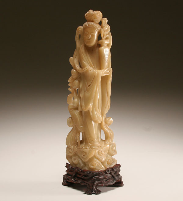 Appraisal: Chinese carved soapstone figure of Guanyin on wooden base Overall