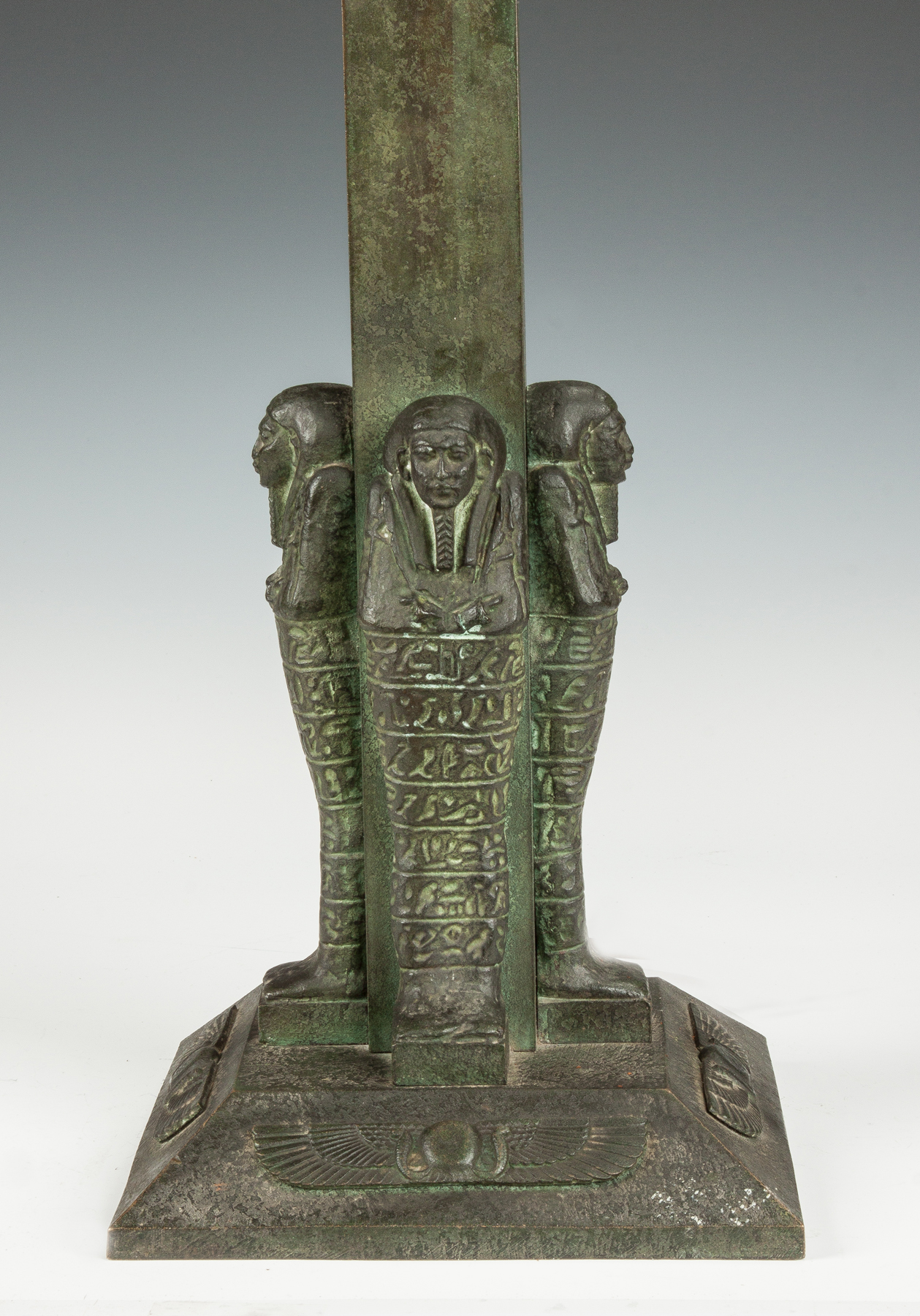 Appraisal: Bronze Lamp Base with Egyptian Motif Early th cent