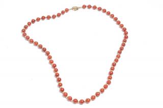 Appraisal: Chinese Red Jade Beaded Necklace Chinese or Asian red jadeite