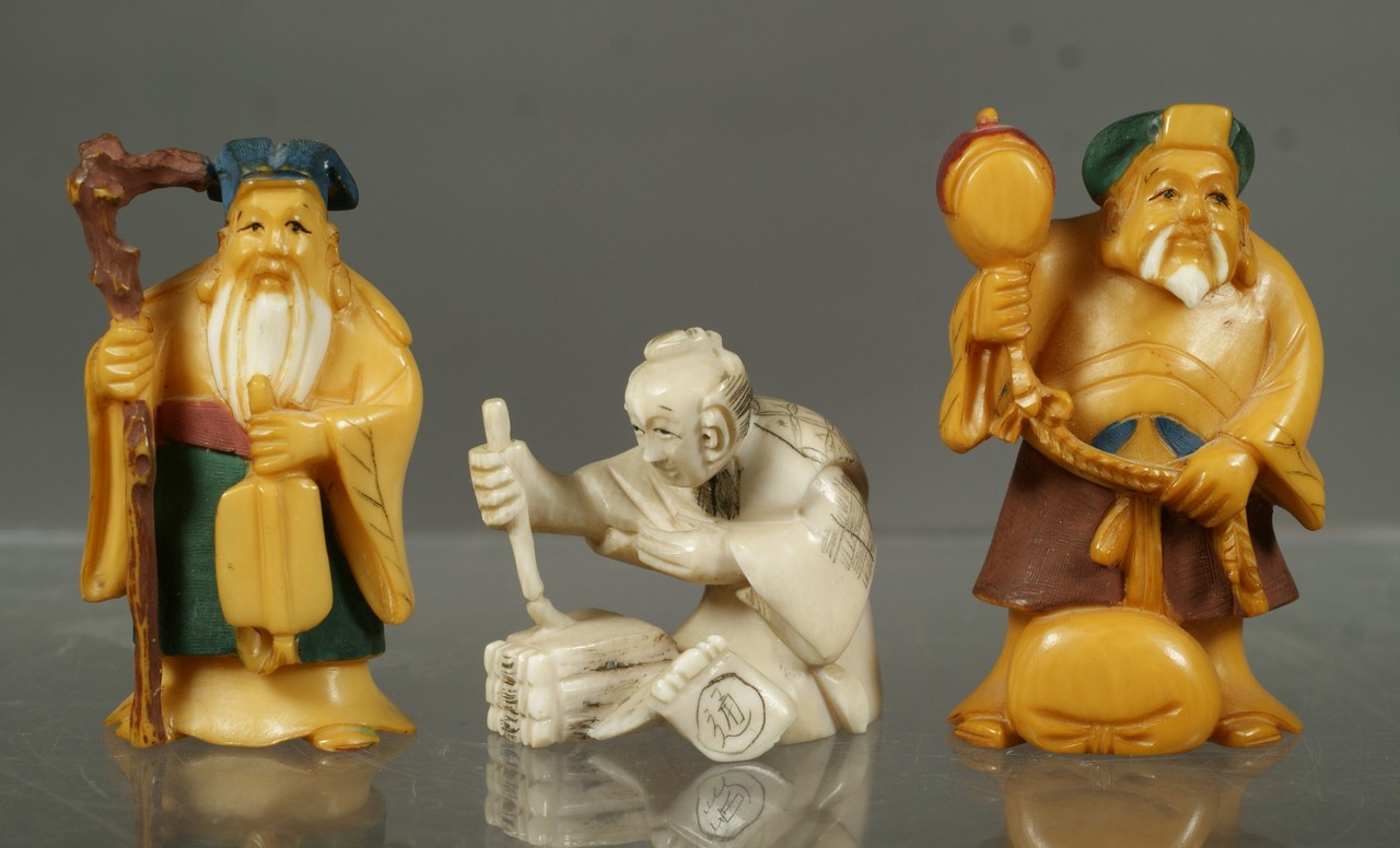 Appraisal: carved ivory netsuke tea stained elders seated scribe tallest each