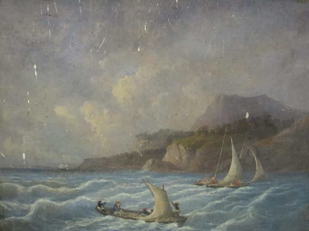 Appraisal: MID th CENTURY COLONIAL SCHOOL Sailing Boats off a Coast