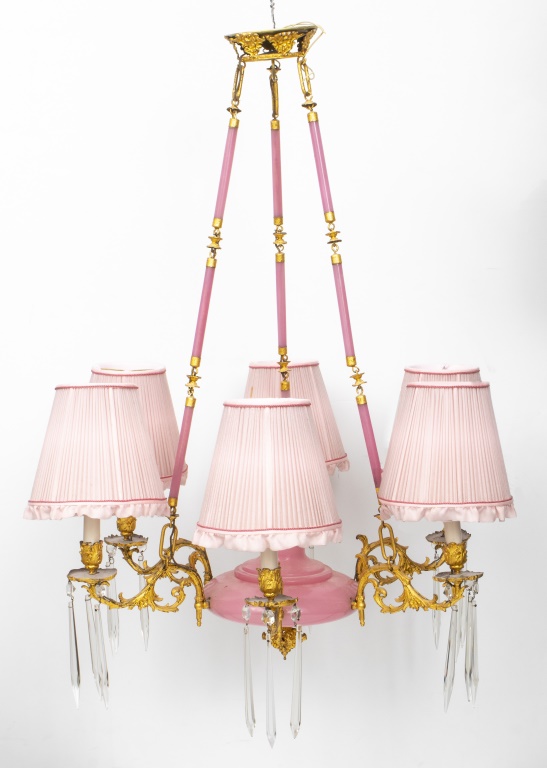 Appraisal: GILT BRONZE PINK MILK GLASS ARM CHANDELIER Gilt metal and