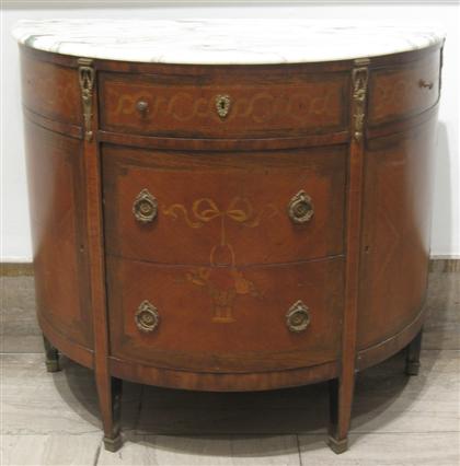 Appraisal: Louis XVI style demi-lune marble top inlaid commode H in