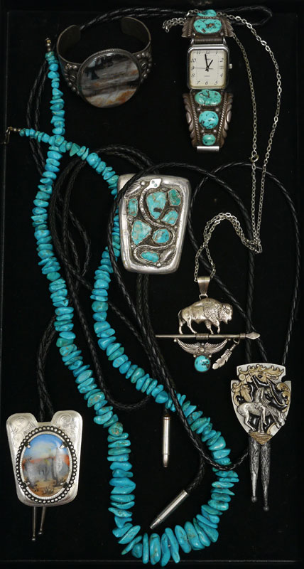 Appraisal: NATIVE AMERICAN TURQUOISE JEWELRY AND BOLO TIES An assembled collection