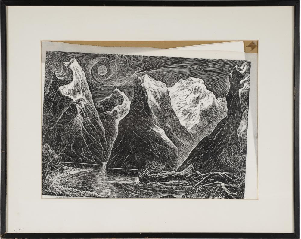 Appraisal: CHARLES SURENDORF UNTITLED MOUNTAINS AND MOON linocut on thin tissue