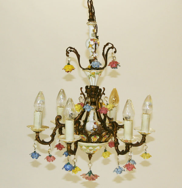 Appraisal: Hand painted porcelain chandelier gilt metal arms with porcelain floral