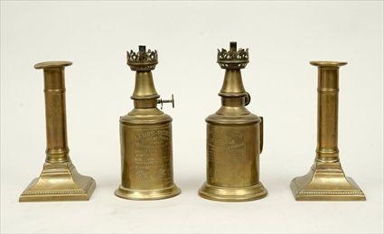 Appraisal: Two French Brass Pigeon Lamps and a Pair of Brass