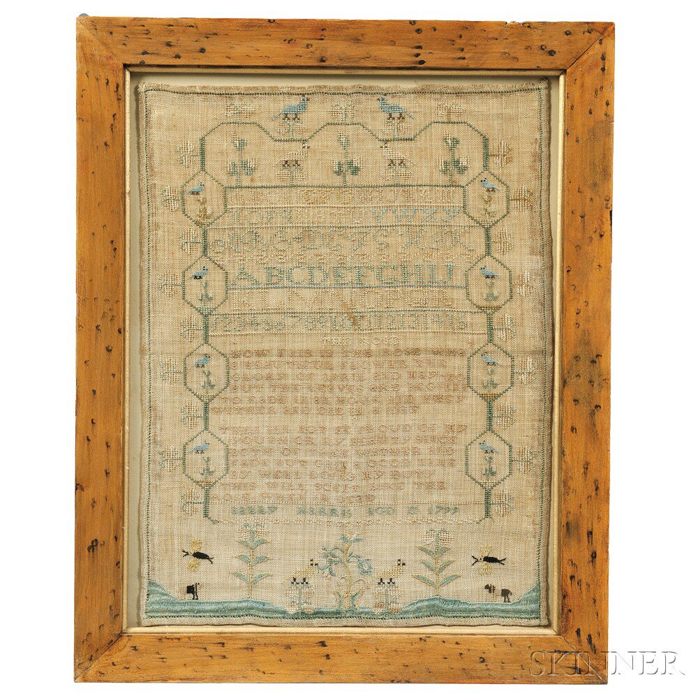 Appraisal: Needlework Sampler Sally Harris the silk stitching on linen with