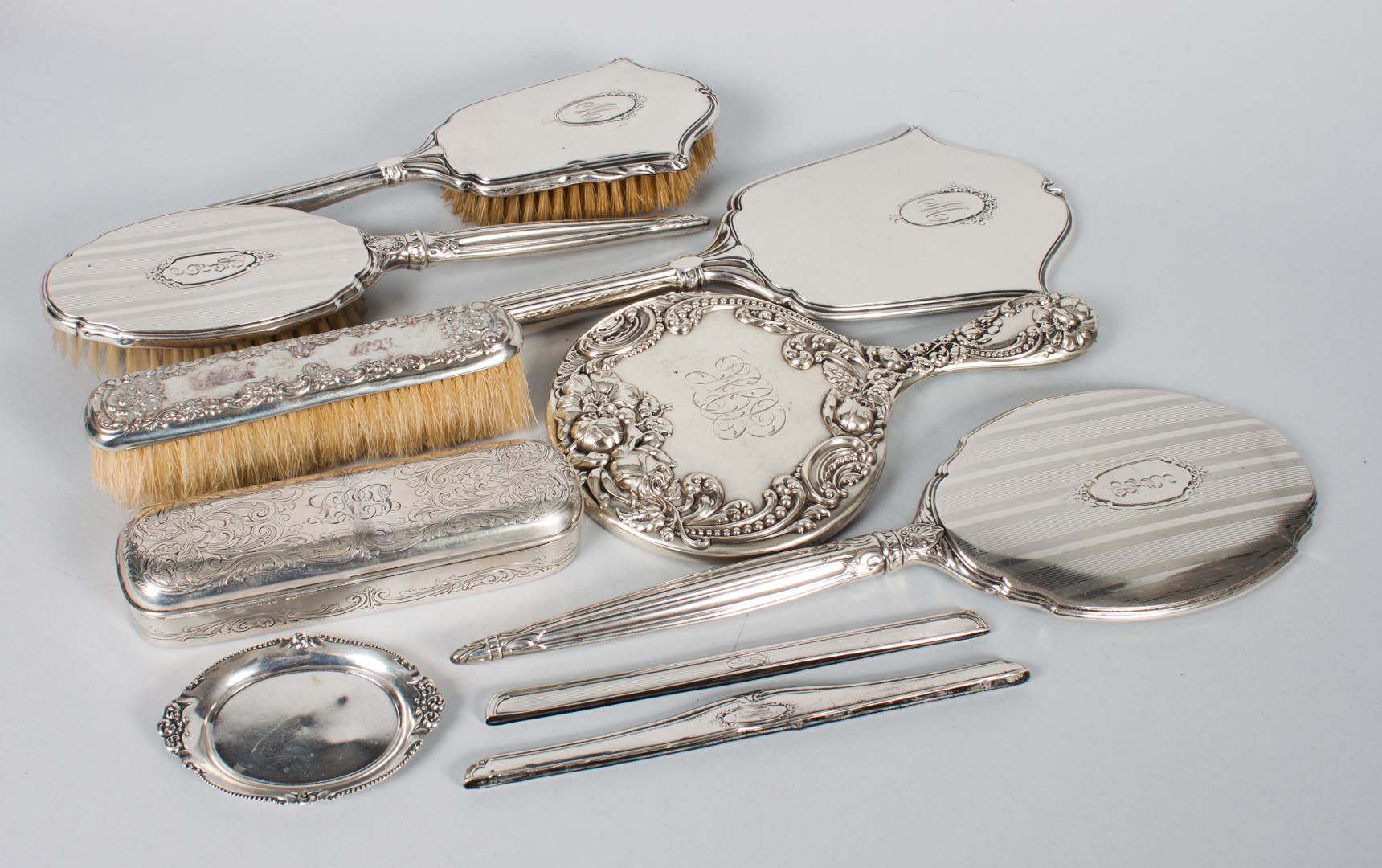 Appraisal: Ten American sterling silver dresser items including Gorham trinket box