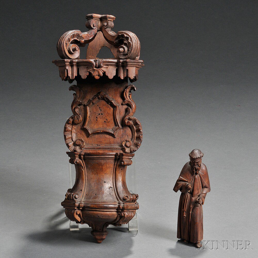 Appraisal: Carved Fruitwood Font and Monk Figure Continental possibly northern Italy