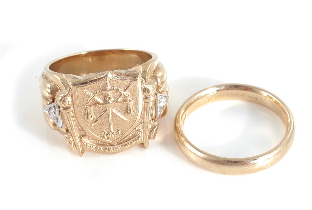 Appraisal: Gold and diamond FBI service ring and gold ring heavy