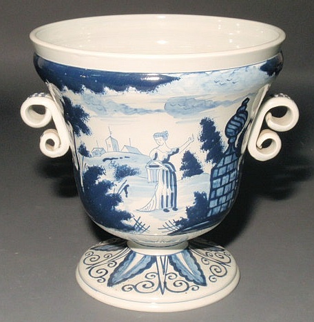 Appraisal: Dutch blue and white Delft planter with garden scene marked