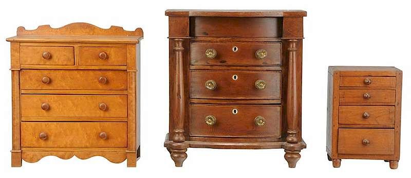 Appraisal: Three Diminutive Chests of Drawers American th century bird's eye