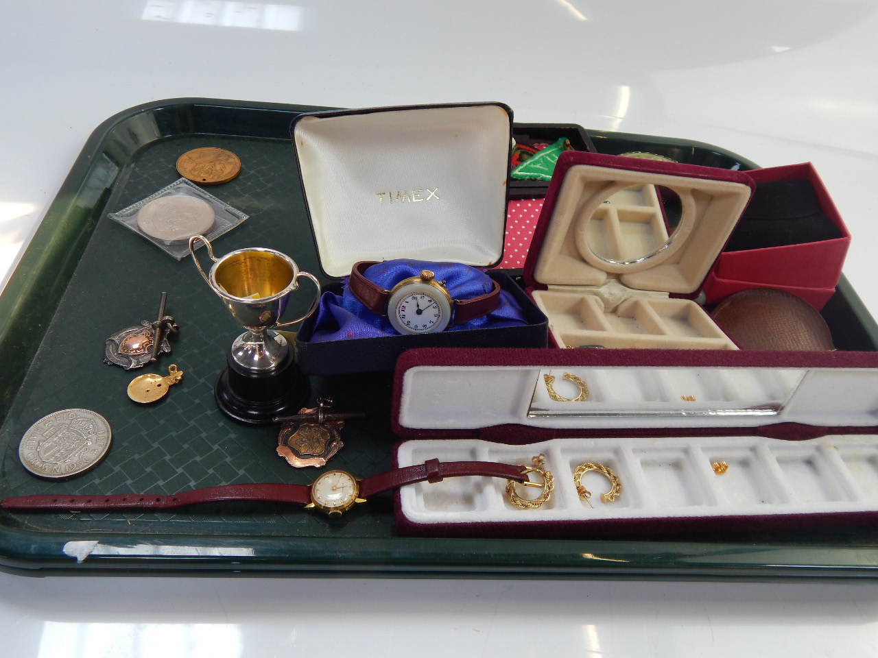 Appraisal: Costume jewellery including watches Trench watch earrings badges etc tray