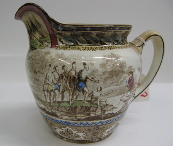 Appraisal: AMERICAN BUFFALO POTTERY PITCHER Rhode Island design titled Landing of