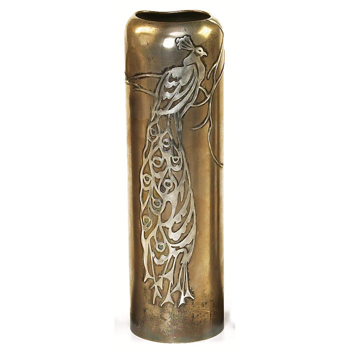 Appraisal: Heintz vase cylindrical form sterling on bronze applied peacock design