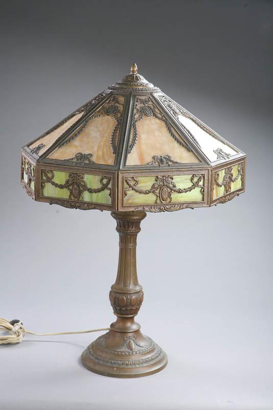 Appraisal: TABLE LAMP Eight panel slag glass shade with pierced foliage