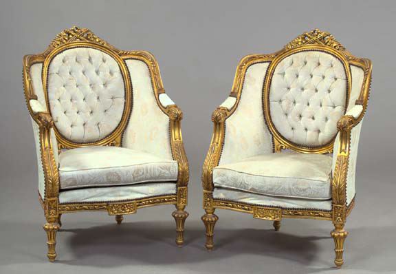 Appraisal: Pair of Napoleon III-Style Giltwood Bergeres avec Orieles each with