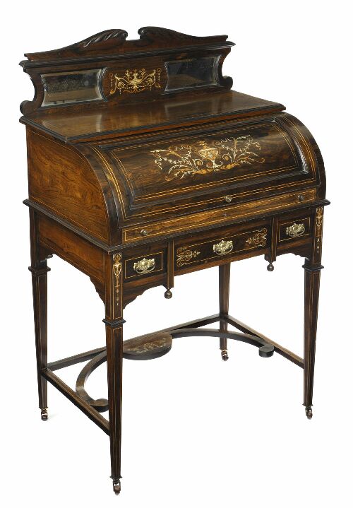 Appraisal: A late Victorian rosewood and inlaid roll top desk the