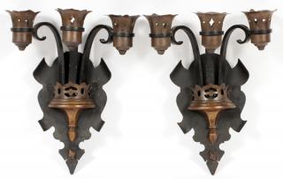 Appraisal: DECO COPPER AND WROUGHT IRON WALL SCONCES PAIR DECO COPPER