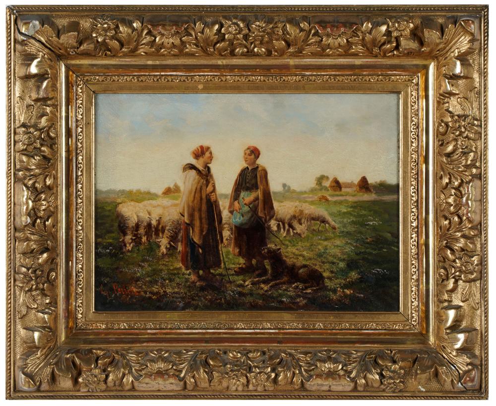 Appraisal: AIME PERRET - FIGURES WITH SHEEP DOGoil on canvas signed