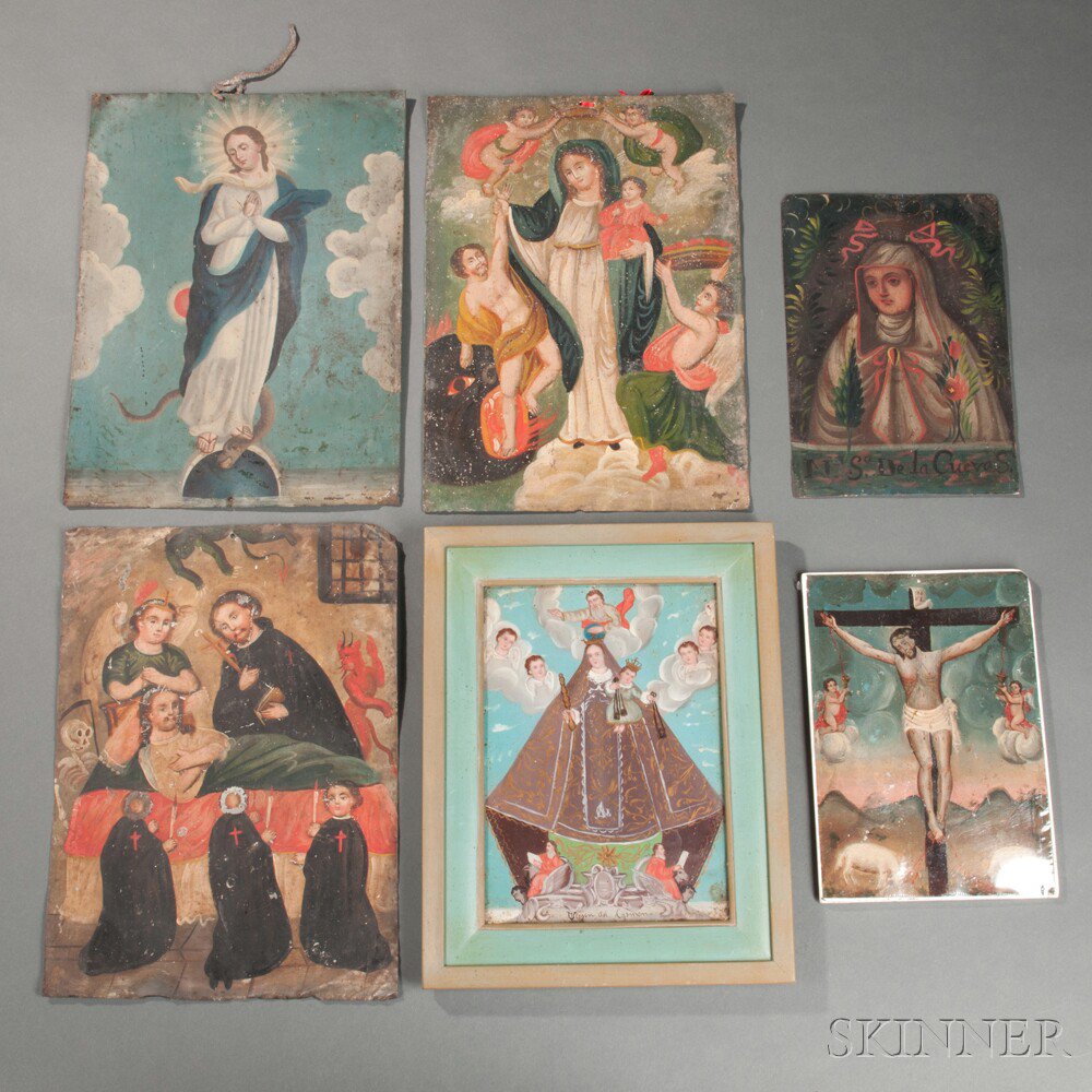 Appraisal: Six Mexican Polychrome Tin Retablos depicting crucifixions and various Christian