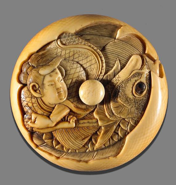 Appraisal: An ivory manju netsuke th Century Carved in sunken relief