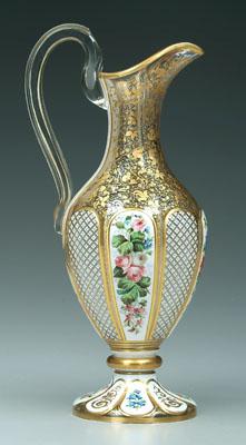 Appraisal: Cased glass ewer white cut to clear panels with hand