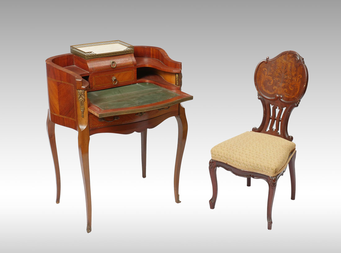 Appraisal: DIMINUTIVE WRITING DESK AND INLAID CHAIR Bombe style serpentine back