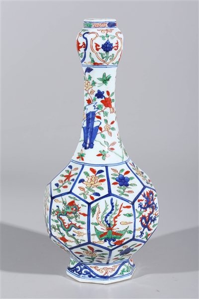 Appraisal: Chinese porcelain wucai faceted bottle vase with garlic bulb mouth