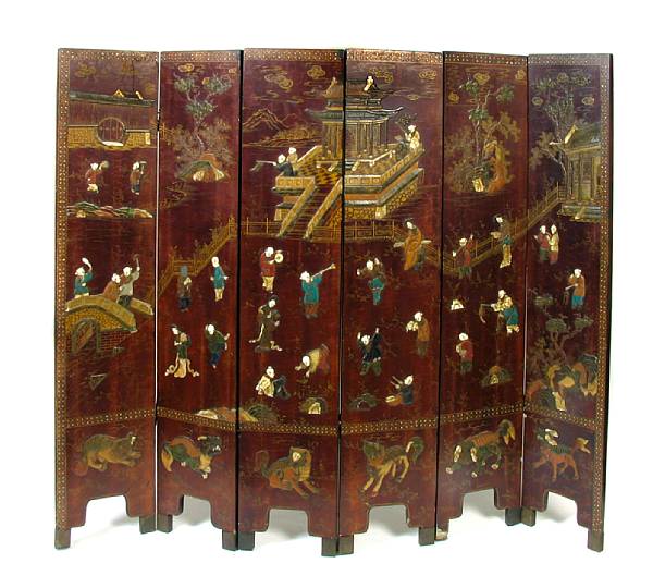 Appraisal: A Chinese lacquered and inlaid six fold screen height ft