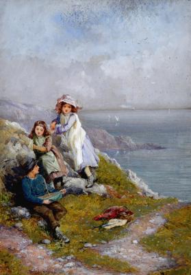 Appraisal: PAUL JACOB NAFTEL Coastal Scene with Children on a Cliff