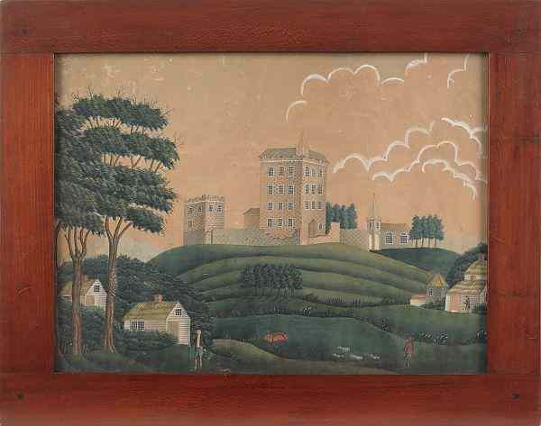 Appraisal: Watercolor and gouache landscape with a large estate atop a