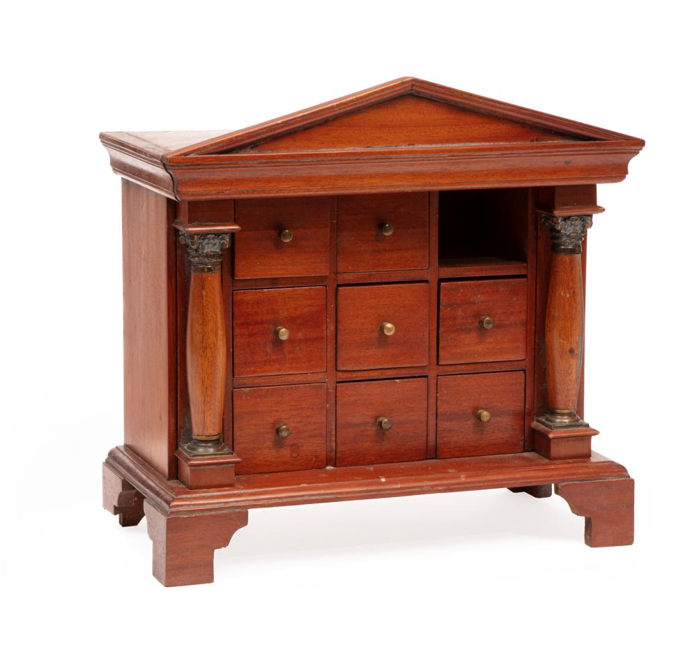 Appraisal: Empire-Style Mahogany Table Top Cabinet pedimented top Corinthian column supports