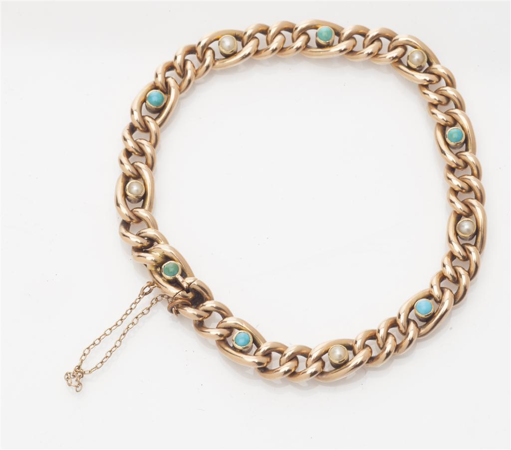 Appraisal: A pearl and turquoise set bracelet composed of curb links