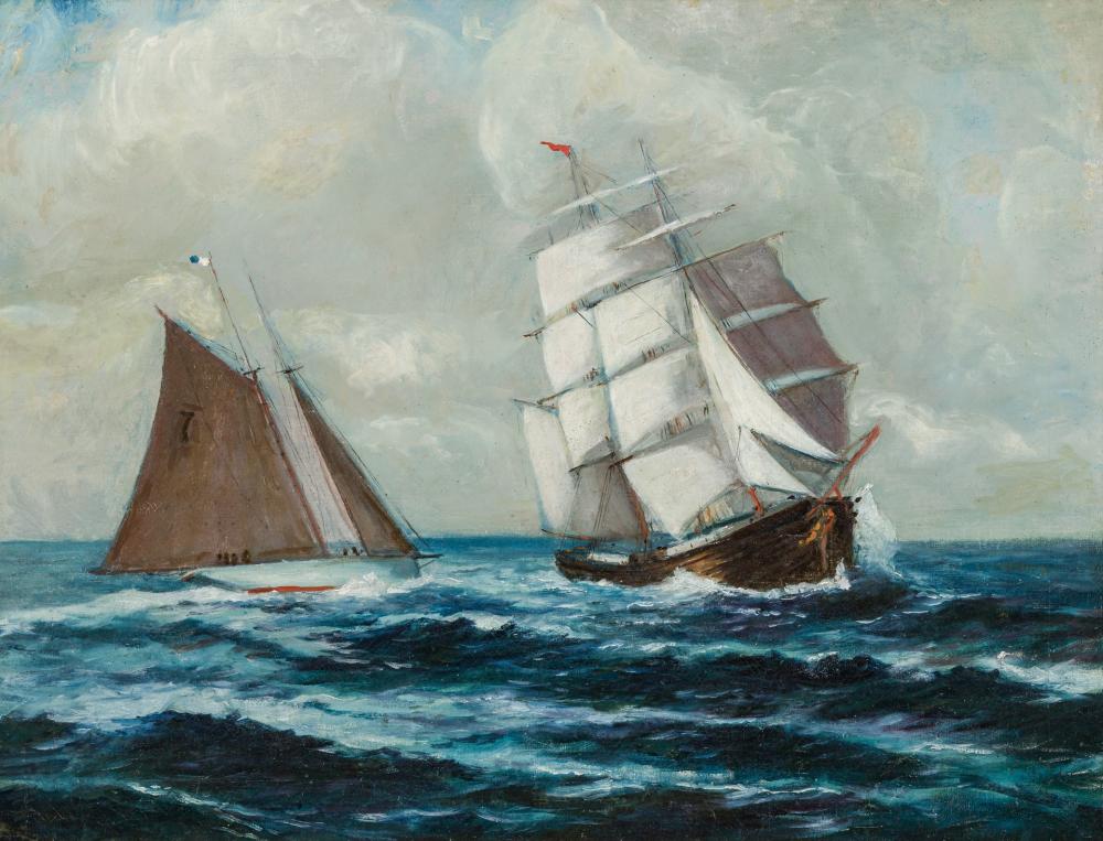 Appraisal: AMERICAN SCHOOL th Century Clipper Ship with Sailing Yacht oil