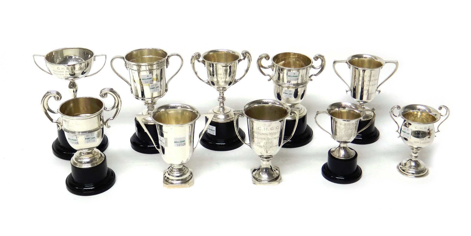 Appraisal: A group of ten silver twin handled trophy cups various