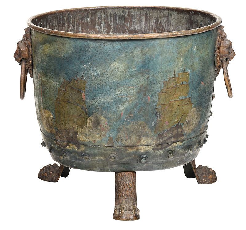 Appraisal: Regency Style Brass Firewood Bucket British paint decorated with sailing