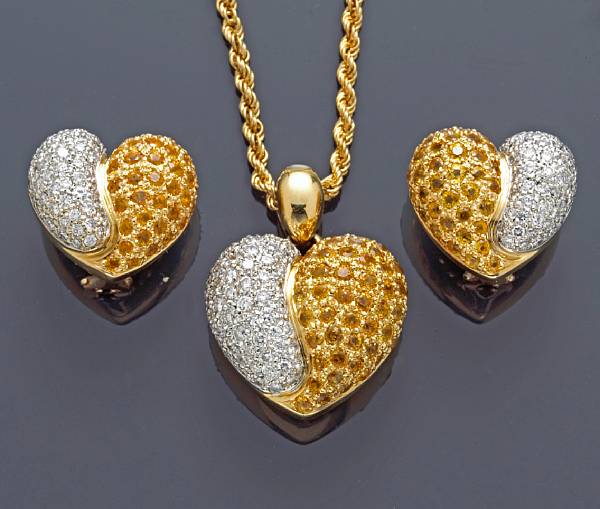 Appraisal: A set of yellow sapphire and diamond heart motif pendant-necklace