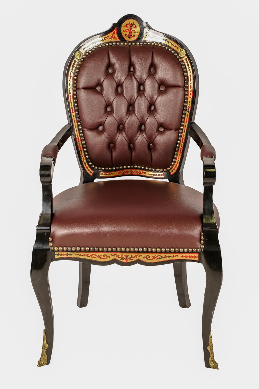 Appraisal: BOULLE-STYLE INLAID BLACK LACQUERED ARMCHAIRafter covered with maroon leather inches