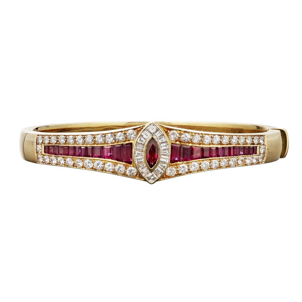 Appraisal: A ruby and diamond set bangle of hinged design collet