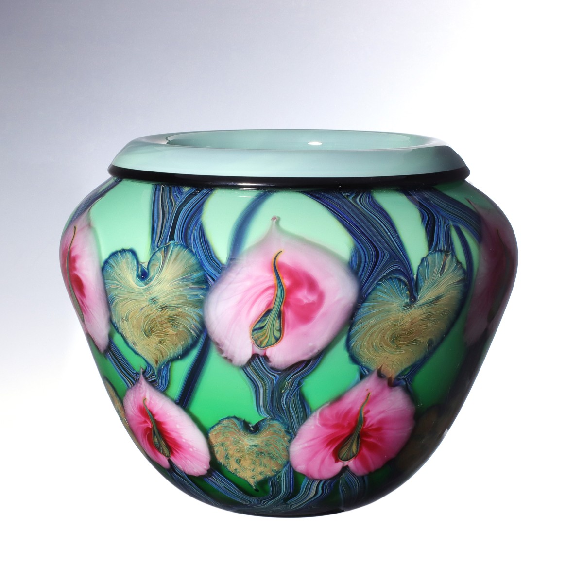 Appraisal: A DAVID LOTTON ART GLASS VASE WITH PINK ANTHURIUMSDavid William