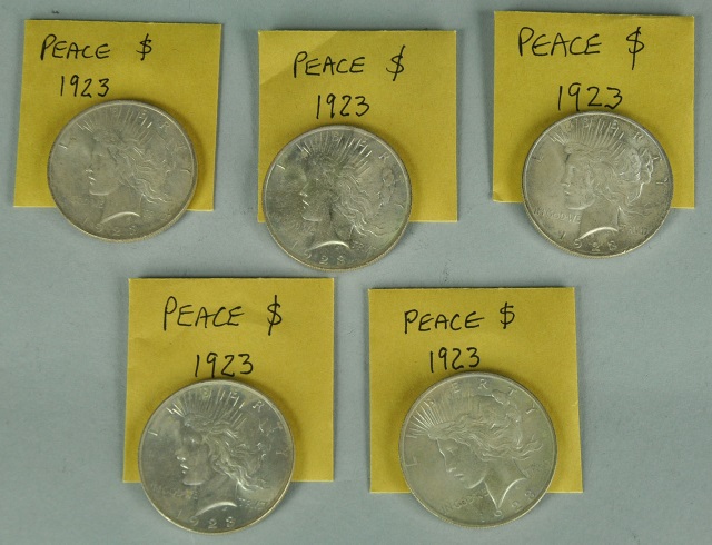 Appraisal: Five Nice Uncirculated Peace DollarsGrades range ms - Nice investor-collector